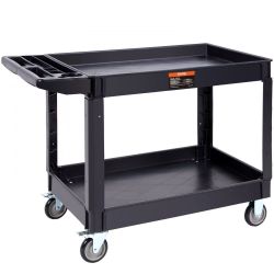 Utility Service Cart, 2 Shelf 550LBS Heavy Duty Plastic Rolling Utility Cart with 360° Swivel Wheels (2 with Brakes), Large Lipped Shelf, Ergonomic St