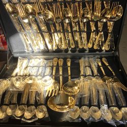 Antique W. M. Rogers & Son Ornate Gold Plated Flatware Set
