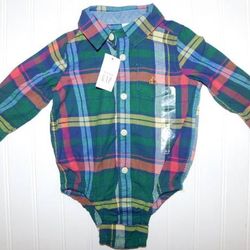 NWT Baby Gap Boys 6-12 Months Green Plaid Bodysuit Dress Shirt