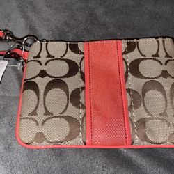 Coach Wrist Wallet khaki brown coral trim