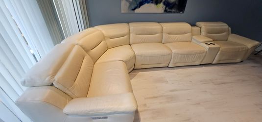 Cream Leather Power Reclining Sectional Sofa