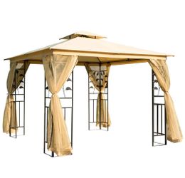 Outsunny 10' x 10' Metal Patio Gazebo, Double Roof Outdoor Gazebo Canopy Shelter with Tree Motifs Corner Frame and Netting, for Garden, Lawn, Backyard