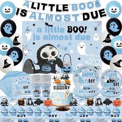 108Pcs Halloween Baby Shower Decorations for Boy Tableware Set,Blue Happy Boo Day Plates and Napkins, Banner and Backdrop,Ghost Balloons and Caketoppe