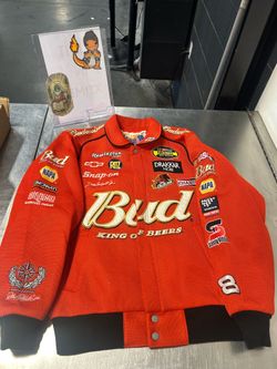 Budweiser Red Bomber Jacket Men's Mid-Length Embroidered Logo Patch Racing