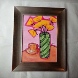 Original Acrylic 12" x 16" Abstract Painting with Green Vase and Yellow Flowers.