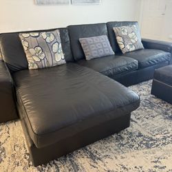 IKEA Kivik Black Leather Sofa With Chaise And Ottoman 