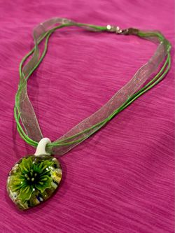 Dichroic Glass Green Flower Pendant Organza Ribbon Necklace