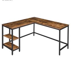 L-Shaped Computer Desk, Industrial Corner Writing Desk with Adjustable Shelves.