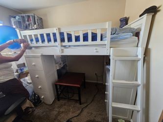 Twin loft bed, desk, shelves and drawers