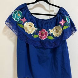 Puebla Mexican Peasant Embroidered Blouse Top