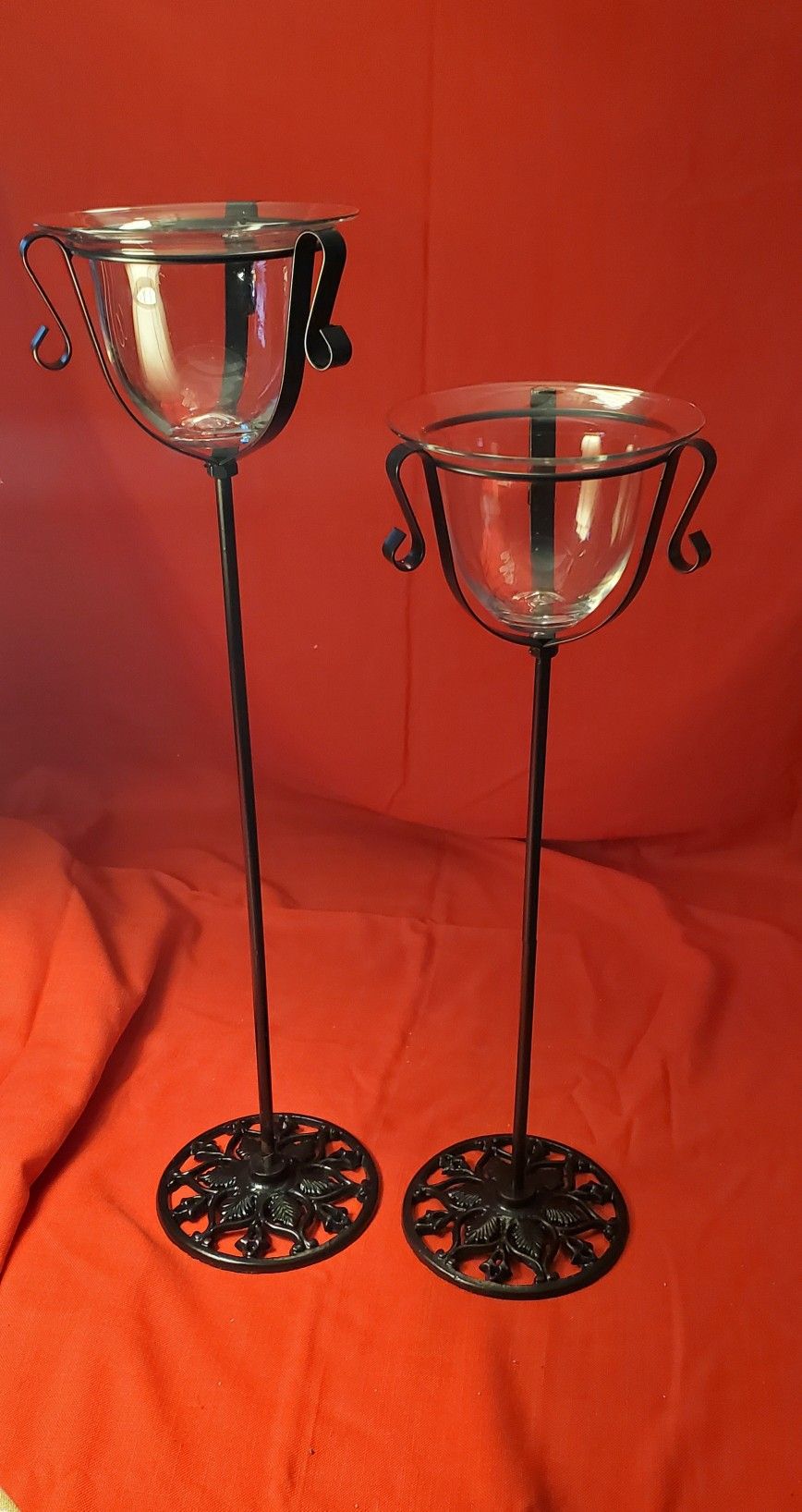 Pair of Cast Iron Candle Holders with Tulip Glass