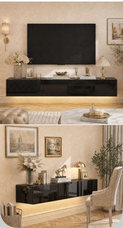 Floating TV Stand Cabinet Black Color Glass Doors 3 Drawer Wood Excellent Quality New In Box