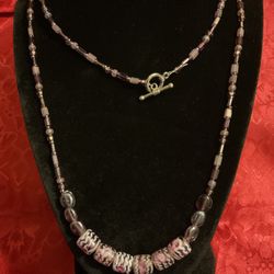 Vintage 30” Amethyst Crystal Gemstone Necklace With Silver Clasp