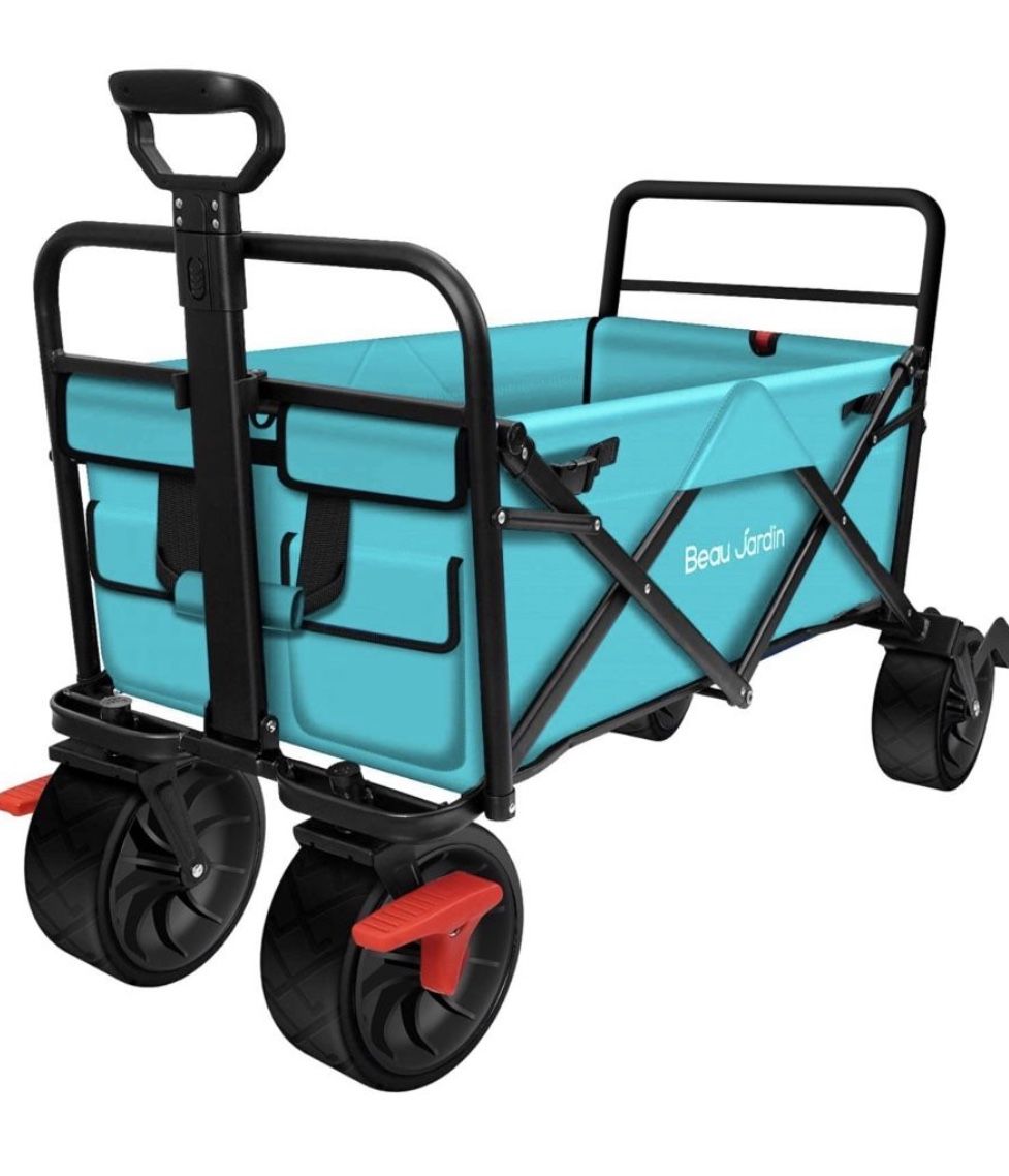 BEAU JARDIN Folding Wagon Cart with Brake Free Standing Collapsible Utility Camping Grocery Canvas Fabric Sturdy Portable Rolling Buggies Outdoor Gard