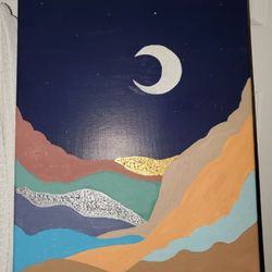 Canvas Hand painted mountains and moon, moon glows in the dark. 12x16 painting, art, hand painted