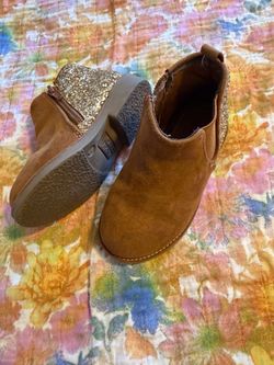 Kids Tan Suede Ankle Boots with Glitter Heel
