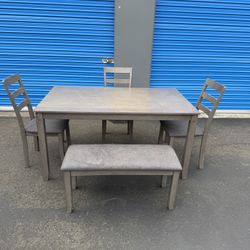 Gray Dining Table Set – Table,  Chairs & Bench