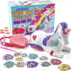GirlZone Bling Up Unicorn Money Bank Gem Art Kit, Create Diamond Art for Kids with Over 4000 Gems and 2 Stylus for Diamond Painting Kids, Creative Gif