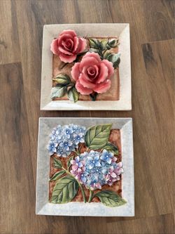 Beautiful Ceramic 1950's Style Framed Tiles Hydrangea/Roses