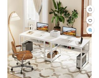 Two-Person Desk + 2 Office Chairs + 2 Desk Lamps – White
