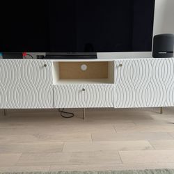 63” White TV Console with golden accents