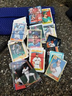 Bunch of baseball cards.
