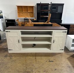 75" Farmhouse TV Stand with Power Outlets for 85 Inch TVs, Tall Entertainment Center with Storage Cabinets w/Adjustable Shelves, Rustic White