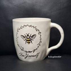 Bee Yourself Ceramic Textured Speckled Mug Farmhouse Coffee Cup Floral Wreath