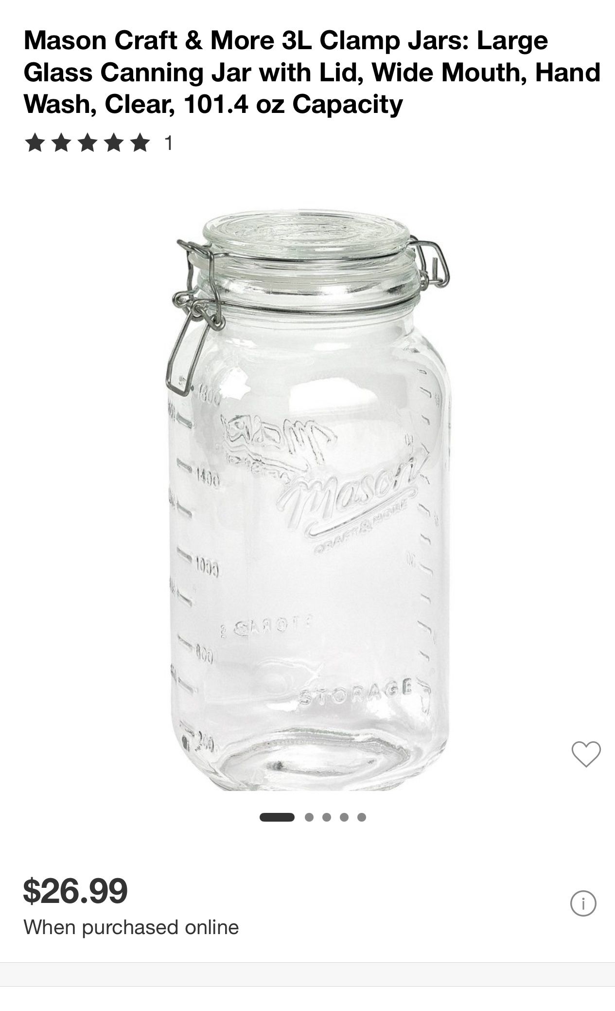 Mason Craft & More 3L Clamp Jars: Large Glass Canning Jar with Lid, Wide Mouth,