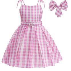 “Barbie The Movie” Kids Pink Plaid Dress Costume 