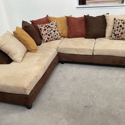 2pc Brown, Beige & Mustard Upholstered  Pillow Back Sectional Chaise Sofa