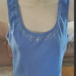 Woman's Green Source Blue Stretch Sleeveless Sequins Around The Collar Size XL