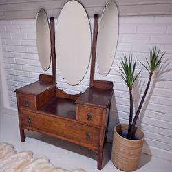 ✨ Antique Tri-Mirror Vanity With Storage Drawers – Vintage Wood Dressing Table ✨