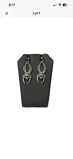 Gothic Silver Spider Skull Earrings Goth Arachnid Dangle Witchy Halloween Biker