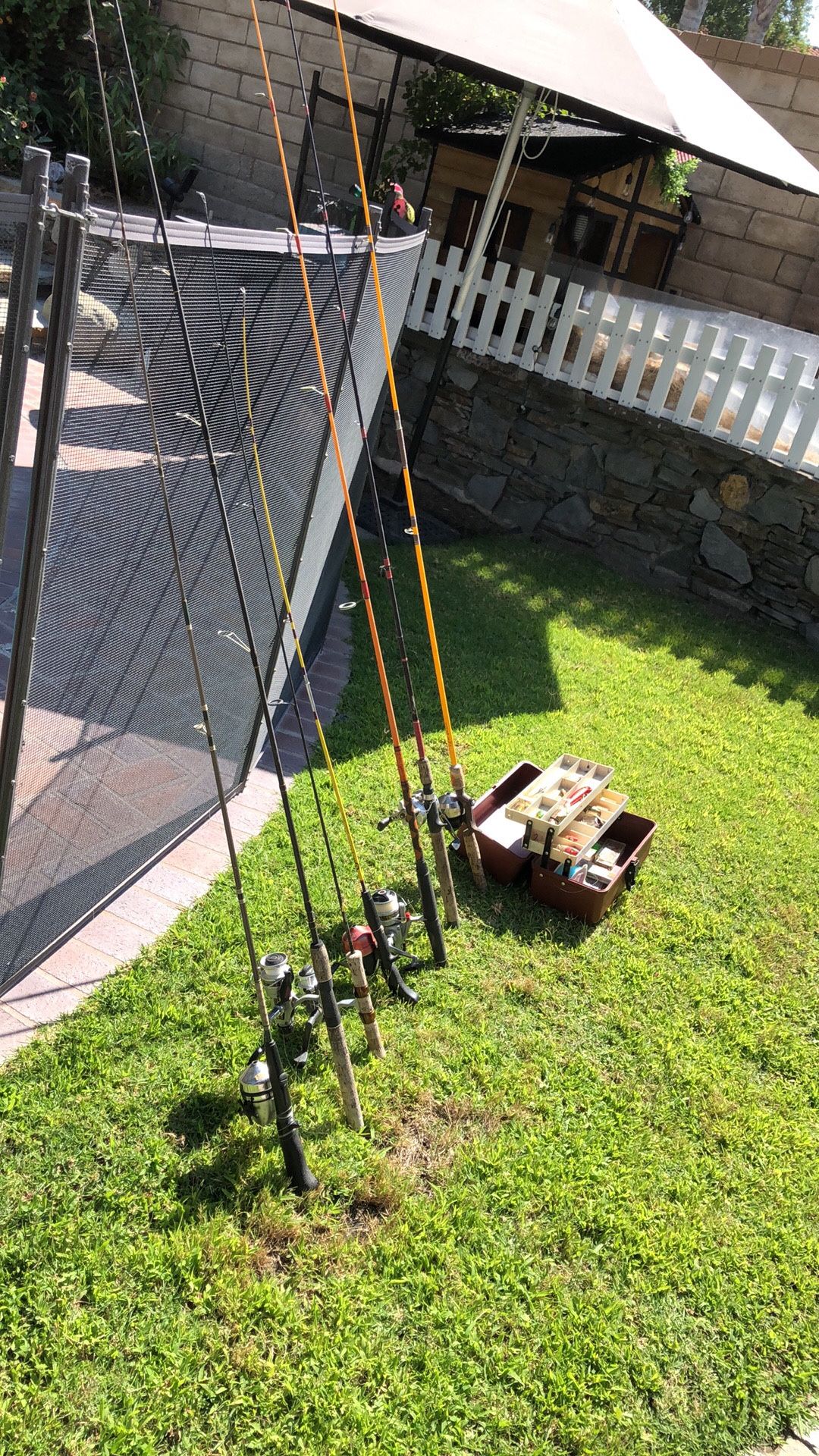 Seven (7) Fishing Rods & Reels plus a tackle Box full of LuresHooksect