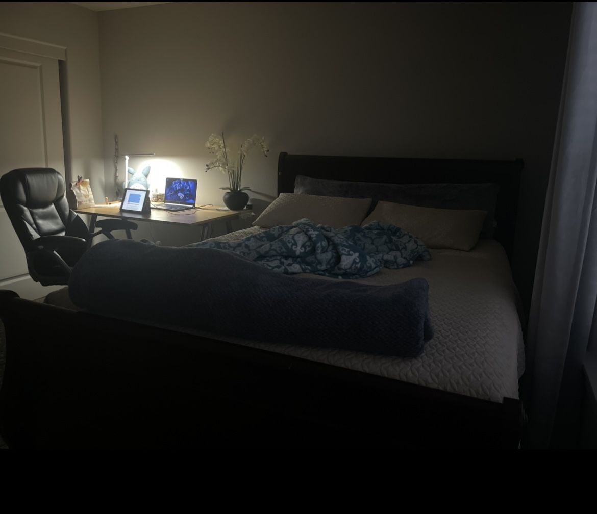 Sleigh Real Dark Brown Wood Queen Bed Frame With A Free Box Spring