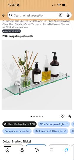 20-Inch Brushed Nickel Floating Glass Bathroom Shelf