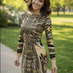 Topshop Brown and Black Patterned Long Sleeve Dress