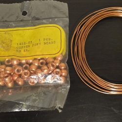 Fun 2 Piece Lot Of Vintage Copper Pony Beads (50) & Small Roll Of Vintage Copper Wire 