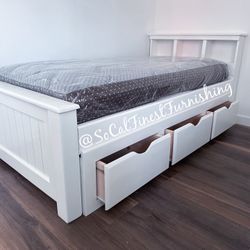 White Twin Bed With Storage And Mattress 