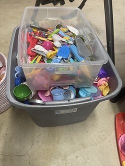 Large Container Of Play Kitchen Dishes And Utensils 