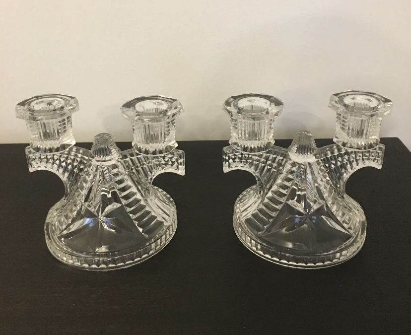 Vintage Federal Glass Set of 2 Candelabra Candle Holders