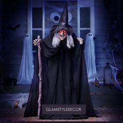 72" Standing Animatronic Witch with Cane – Halloween Outdoor Decoration