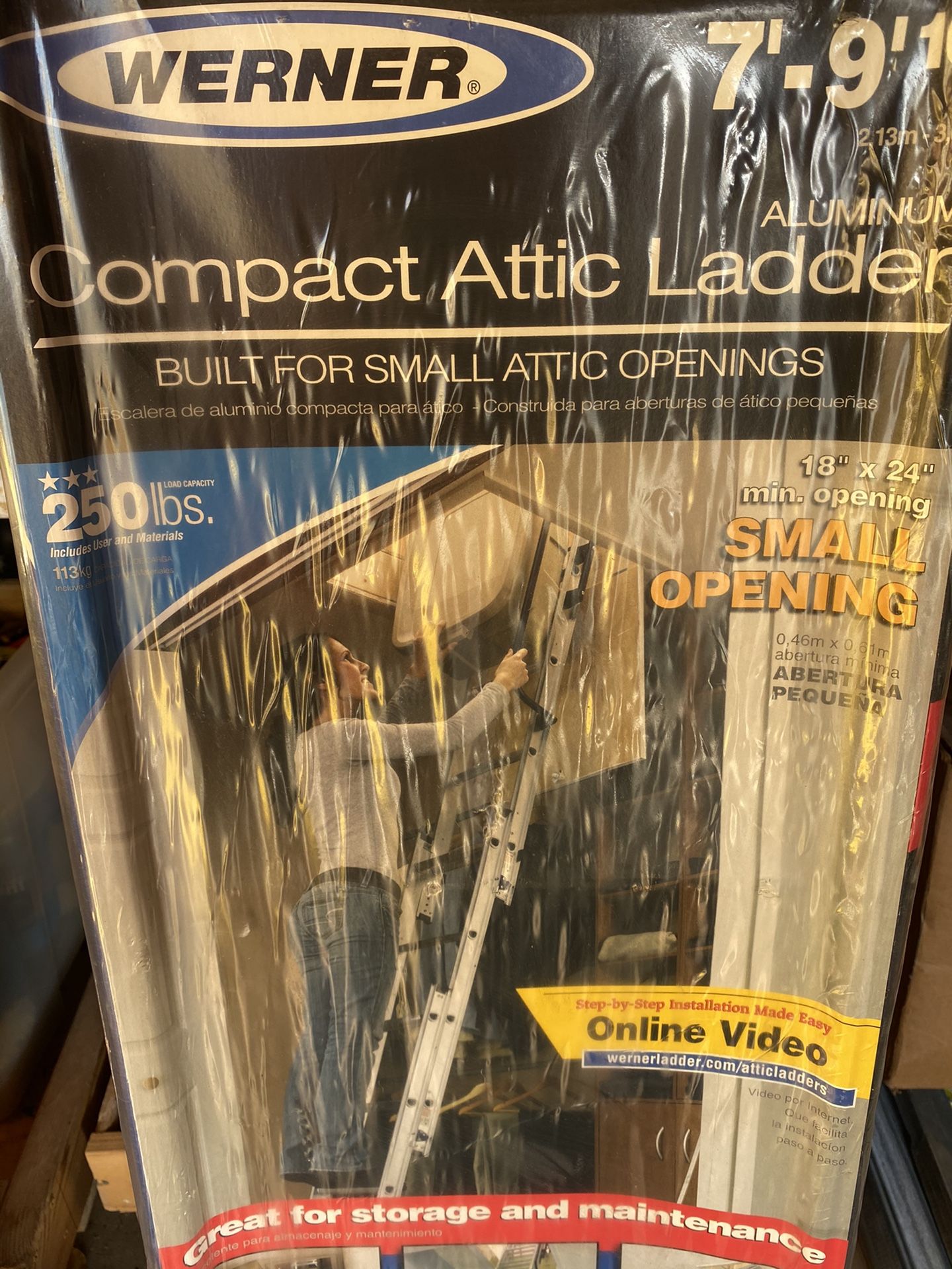 Werner Compact attic ladder aluminum 7 to 9’10”, pulldown ladder for crawlspace for Sale in