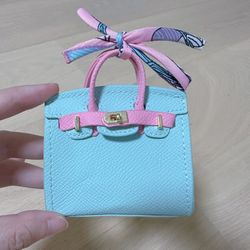 Mini Cute Bag Charm, Microfiber Leather, Blue/Pink