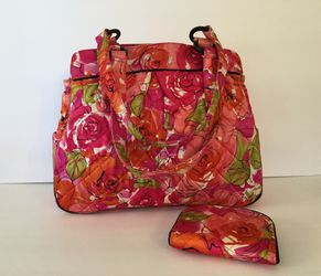 Retired Vera Bradley Handbag & Kisslock Wallet Set In Vintage Rose Sateen - Stunning!