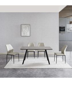 ZckyCine Modern 5-Piece Kitchen Table Set Rectangular Wood Dining Table with 4 Upholstered Leather Chairs (47.2" Table + 4 White Chairs)