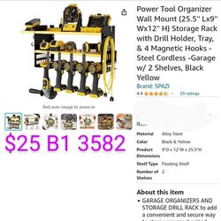 Power Tool Organizer Wall Mount (25.5'' Lx9'' Wx12'' H) Storage Rack with Drill Holder, Tray, & 4 Magnetic Hooks - Steel Cordless -Garage w/ 2 Shelves
