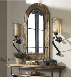 MID CENTURY XXL 30" ANTIQUED RESTORATION METAL GLASS GLOBE WALL CANDLE SCONCE

