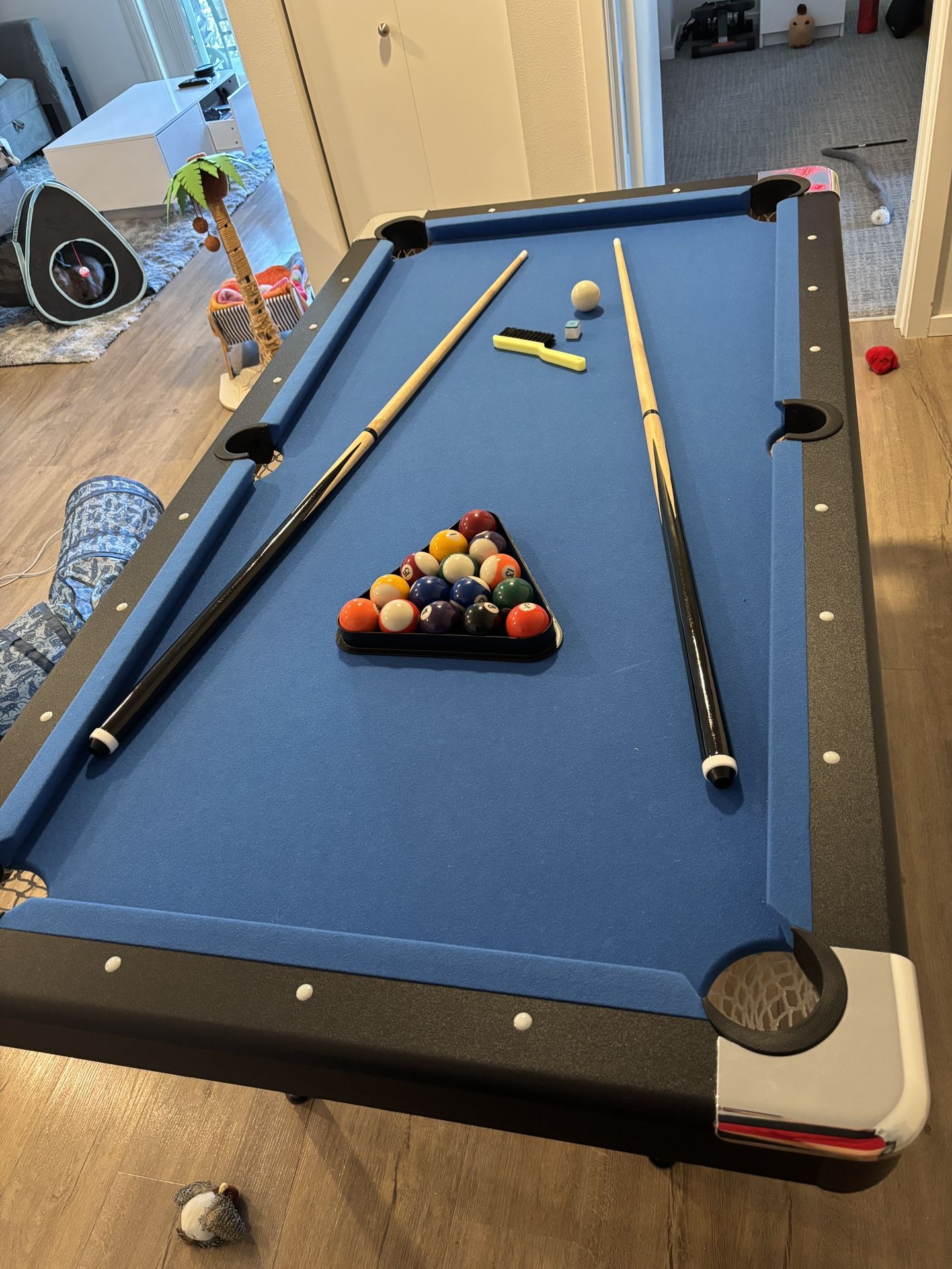 Portable Pool Table Kit with Billiard Balls Triangle Rack Chalk Brush Steel Billiard Table Indoor Game Table Blue Cloth Black 5.5 Ft